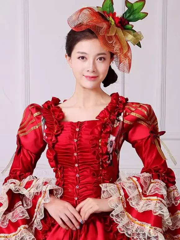 Rococo Women's Dress Vintage Clothing Polyester Floral Print Ruffles Long Sleeve Ball Gown