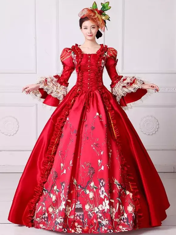 Rococo Women's Dress Vintage Clothing Polyester Floral Print Ruffles Long Sleeve Ball Gown