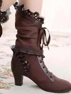 Rococo Lolita Ankle Boots Round Toe Prism Heel Lace Up Bows White Lolita Winter Booties