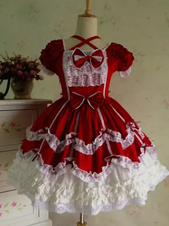 Rococo Lolita Dress JSK Lace Ruffles Bow Decor Pleated Cotton Lolita Jumper Skirt