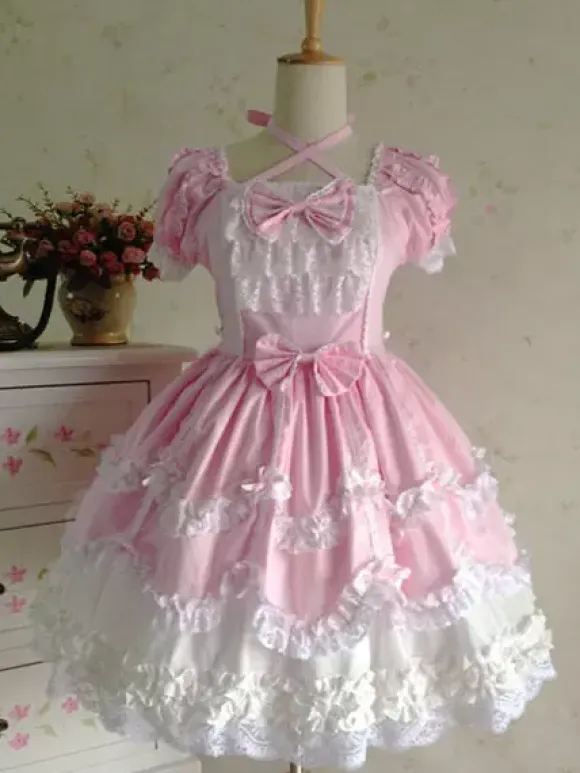 Rococo Lolita Dress JSK Lace Ruffles Bow Decor Pleated Cotton Lolita Jumper Skirt