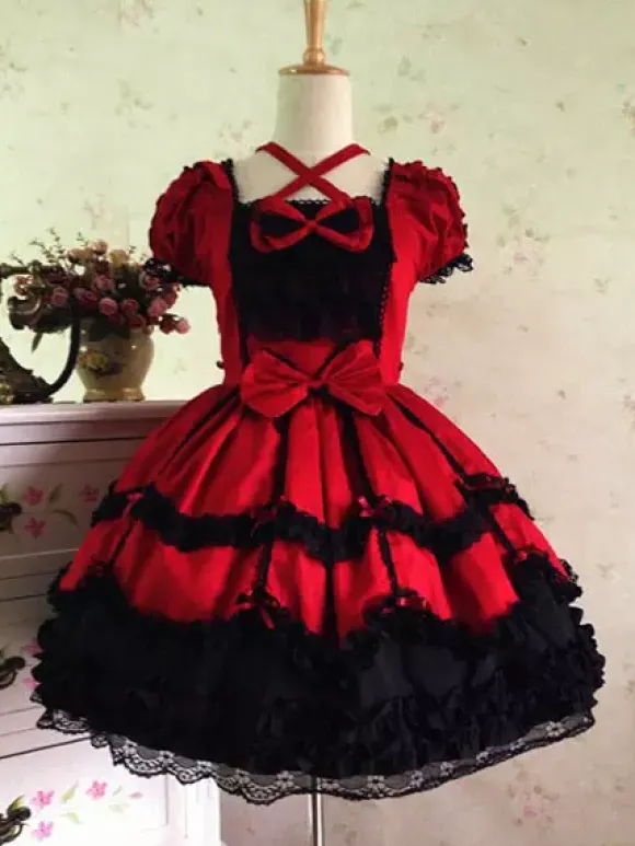 Rococo Lolita Dress JSK Lace Ruffles Bow Decor Pleated Cotton Lolita Jumper Skirt