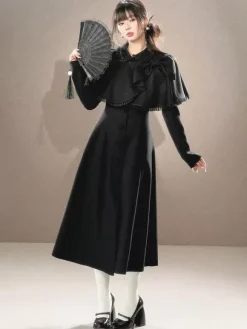 ROCOCO Style Lolita Coats Black Set Bows Fringe Cape Overcoat Polyester Fall Lolita Outwears