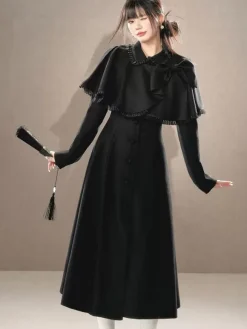 ROCOCO Style Lolita Coats Black Set Bows Fringe Cape Overcoat Polyester Fall Lolita Outwears