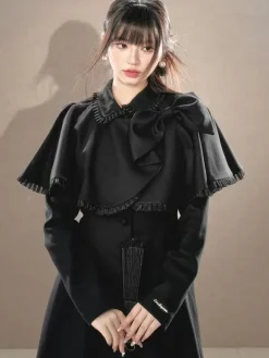 ROCOCO Style Lolita Coats Black Set Bows Fringe Cape Overcoat Polyester Fall Lolita Outwears