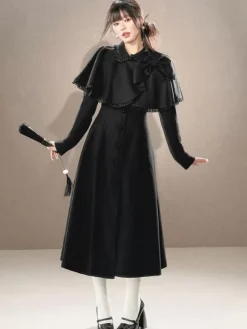 ROCOCO Style Lolita Coats Black Set Bows Fringe Cape Overcoat Polyester Fall Lolita Outwears