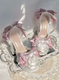 ROCOCO Style Lolita Footwear Ecru White Color Block Bows Lace Ruffles Round Toe Silk And Satin Lolita Shoes