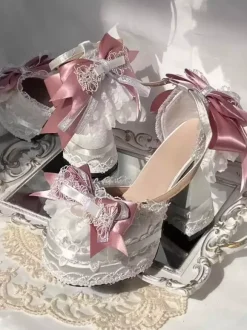 ROCOCO Style Lolita Footwear Ecru White Color Block Bows Lace Ruffles Round Toe Silk And Satin Lolita Shoes