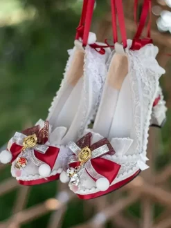 ROCOCO Style Lolita Footwear Light Sky Blue Color Block Bows Lace Ruffles Round Toe PU Leather Lolita Pumps
