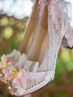 ROCOCO Style Lolita Footwear Light Sky Blue Color Block Bows Lace Ruffles Round Toe PU Leather Lolita Pumps
