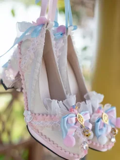 ROCOCO Style Lolita Footwear Light Sky Blue Color Block Bows Lace Ruffles Round Toe PU Leather Lolita Pumps