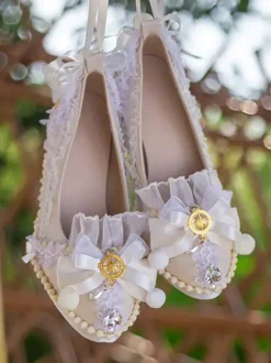 ROCOCO Style Lolita Footwear Light Sky Blue Color Block Bows Lace Ruffles Round Toe PU Leather Lolita Pumps