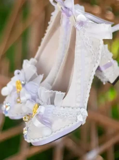 ROCOCO Style Lolita Footwear Light Sky Blue Color Block Bows Lace Ruffles Round Toe PU Leather Lolita Pumps