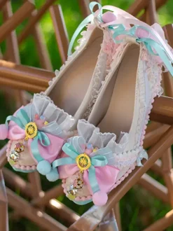 ROCOCO Style Lolita Footwear Light Sky Blue Color Block Bows Lace Ruffles Round Toe PU Leather Lolita Pumps