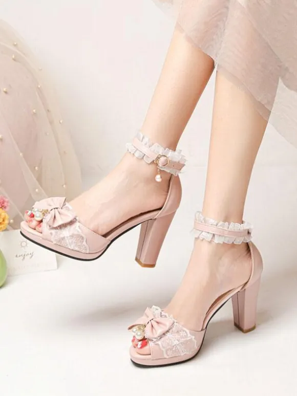 ROCOCO Style Lolita Sandals Pearls Lace Peep Toe PU Leather White Lolita Summer Shoes