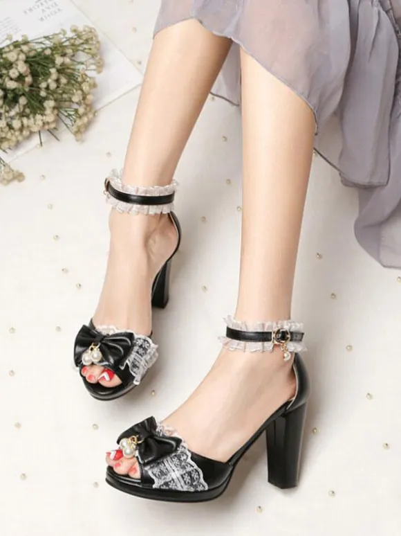 ROCOCO Style Lolita Sandals Pearls Lace Peep Toe PU Leather White Lolita Summer Shoes