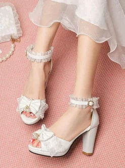 ROCOCO Style Lolita Sandals Pearls Lace Peep Toe PU Leather White Lolita Summer Shoes