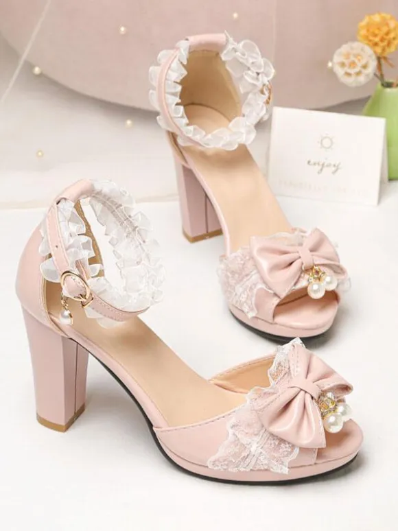 ROCOCO Style Lolita Sandals Pearls Lace Peep Toe PU Leather White Lolita Summer Shoes