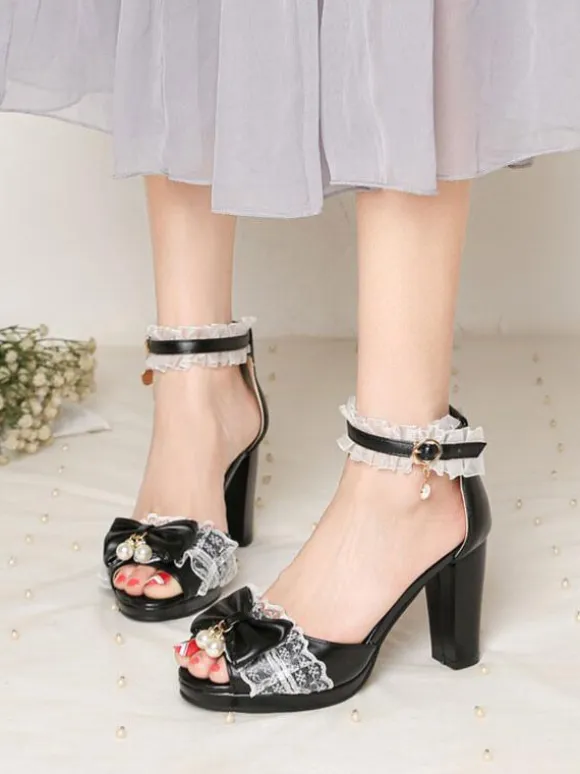 ROCOCO Style Lolita Sandals Pearls Lace Peep Toe PU Leather White Lolita Summer Shoes
