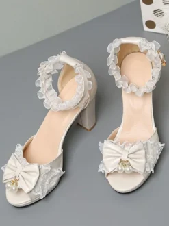 ROCOCO Style Lolita Sandals Pearls Lace Peep Toe PU Leather White Lolita Summer Shoes
