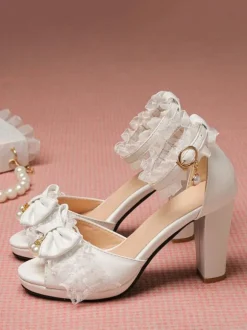 ROCOCO Style Lolita Sandals Pearls Lace Peep Toe PU Leather White Lolita Summer Shoes