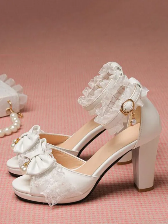 ROCOCO Style Lolita Sandals Pearls Lace Peep Toe PU Leather White Lolita Summer Shoes