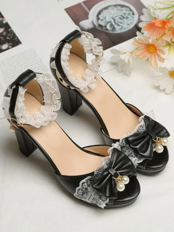 ROCOCO Style Lolita Sandals Pearls Lace Peep Toe PU Leather White Lolita Summer Shoes