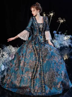 Rococo Victorian Retro Costume Dress Flare Sleeves Lace Embroidery Masquerade Costume