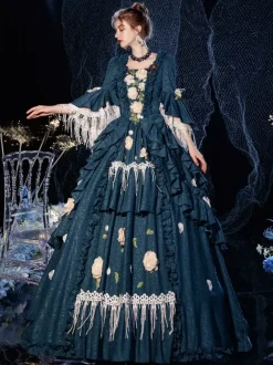 Rococo Victorian Retro Costume Dress Layered Floral Print Navy Blue Cosplay Costume Carnival