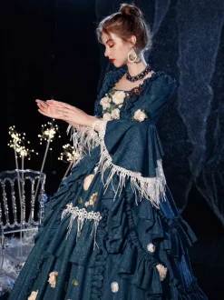 Rococo Victorian Retro Costume Dress Layered Floral Print Navy Blue Cosplay Costume Carnival