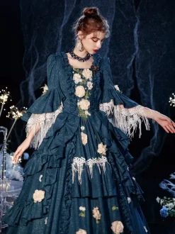 Rococo Victorian Retro Costume Dress Layered Floral Print Navy Blue Cosplay Costume Carnival