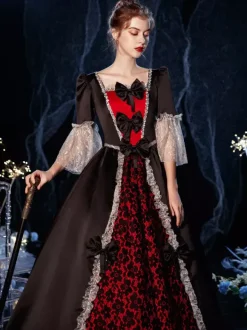 Rococo Victorian Retro Costume Dress Ruffles Floral Print Lace Cotton Cosplay Costume Carnival