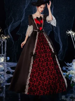 Rococo Victorian Retro Costume Dress Ruffles Floral Print Lace Cotton Cosplay Costume Carnival