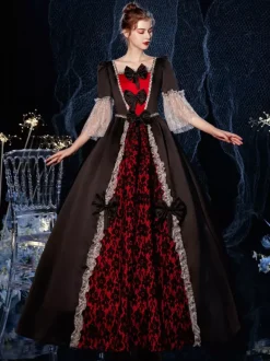 Rococo Victorian Retro Costume Dress Ruffles Floral Print Lace Cotton Cosplay Costume Carnival