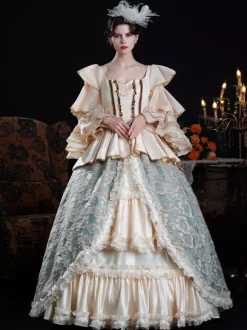 Rococo Women's Dress Vintage Color Block Ruffles Long Sleeve Color Block Ball Gown