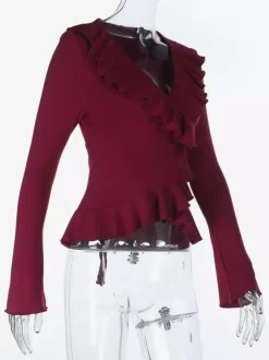 Romantic Ruffle Women's Wrap Top - V Neck Long Sleeve - Coquette Aesthetic Spring Date Night Wear 2026