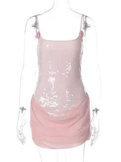 Rose Detail Sequin Square Neck Bodycon Mini Party Dress For Women 2026