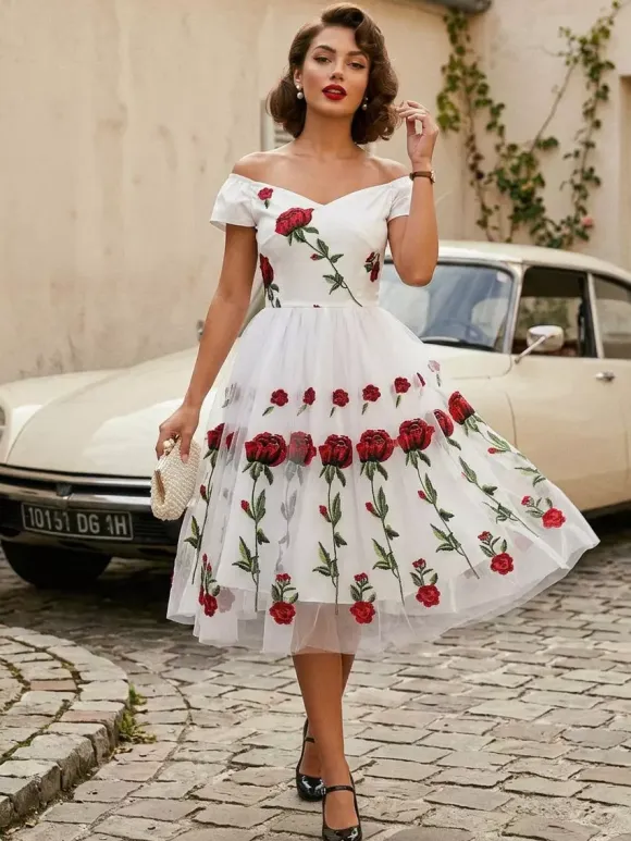 Rose Embroidered Vintage Midi Swing Dress for Women - 1950s Off Shoulder Style A-Line - Summer Tea Party 2026