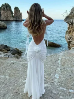 Rosette Ruffle Backless Ruched Mermaid Maxi Dress For Women 2026