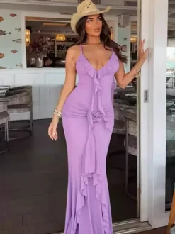 Rosette Ruffle Backless Ruched Mermaid Maxi Dress For Women 2026