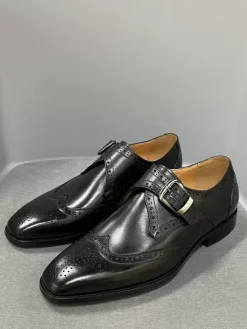 Round Toe Cowhide Mens Monk Loafer Shoes Prom Wedding Shoes