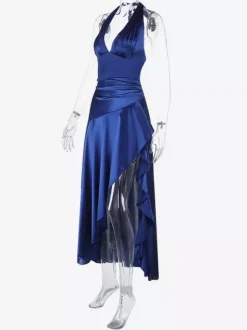 Royal Blue Women Maxi Slit Dress - Elegant Halter Neck Asymmetric Ruffle Hem Gown - Vintage Glam Summer Party Wear 2026