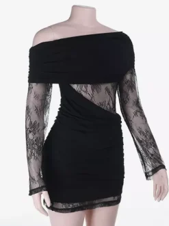 Ruched Lace Patchwork Mini Dress For Women - Black Off Shoulder Bodycon - Spring Club Night Out 2026
