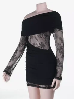 Ruched Lace Patchwork Mini Dress For Women - Black Off Shoulder Bodycon - Spring Club Night Out 2026