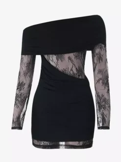 Ruched Lace Patchwork Mini Dress For Women - Black Off Shoulder Bodycon - Spring Club Night Out 2026
