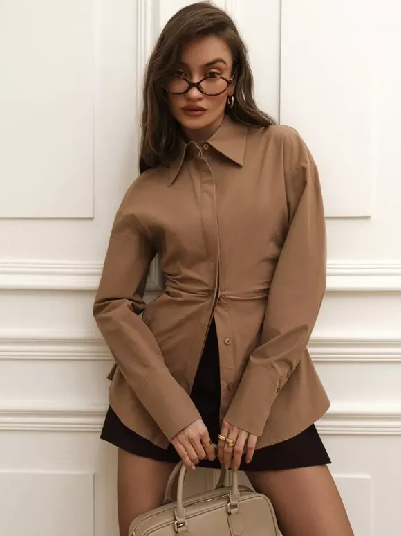 Ruched Long Sleeve Shirt With Unique Waist Detail For Women 2026