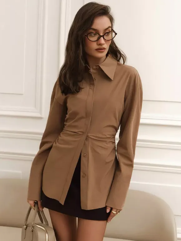 Ruched Long Sleeve Shirt With Unique Waist Detail For Women 2026