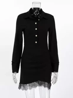 Ruched Shirt Dress Women's Chic Mini Dress - Black Lace Hem Long Sleeve Bodycon - Spring Desk-to-dinner 2026