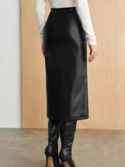Ruched High Slit Faux Leather Midi Skirt For Women 2026