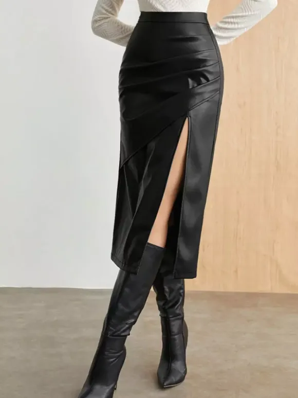 Ruched High Slit Faux Leather Midi Skirt For Women 2026